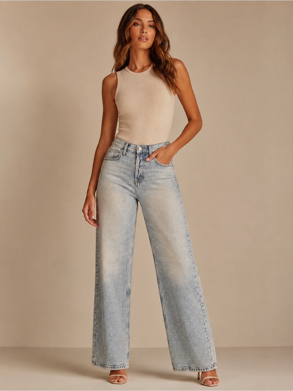 Universal Thread Light Wash Wide Leg Jeans with Subtle Rhinestone Detail